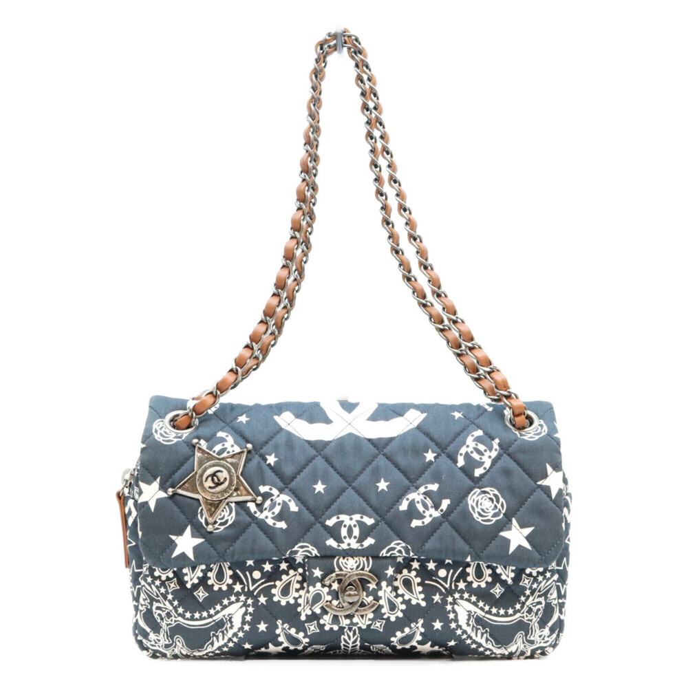 CHANEL A92459 Dark Navy Cotton Paris Dallas Star S-Flap Matelassé Chain Shoul...
